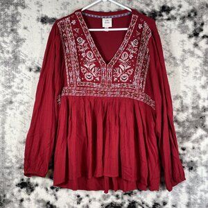 Knox Rose Blouse Womens Size 2XL Red‎ Embroidered Rayon Woven Boho Cottagecore